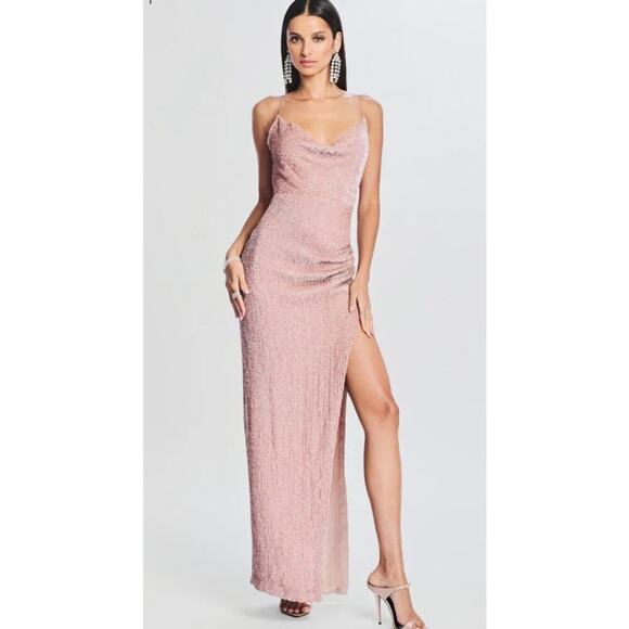 Retrofete Dresses & Skirts - Retrofete Katya Sequin Maxi Dress Size L Dusty Peach Pink Cowl Neck Slit